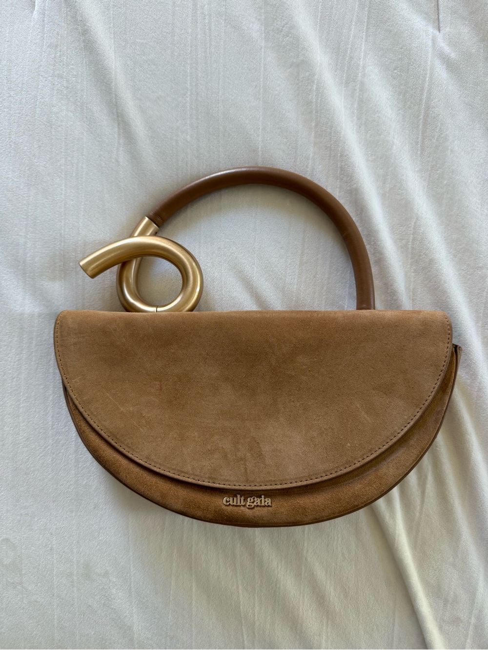 cult gaia Tan Suede Crescent Top-Handle Bag with Gold Accent